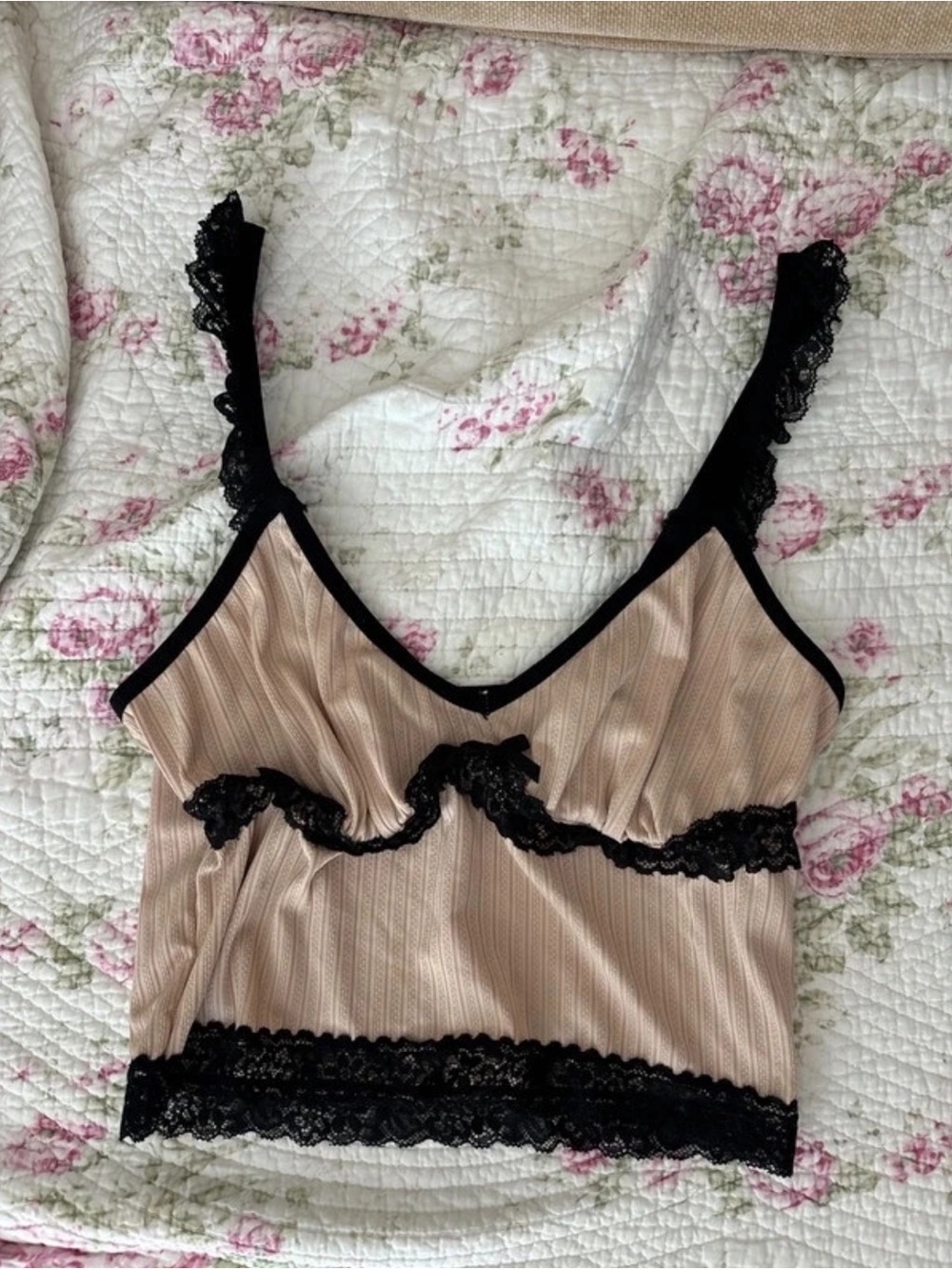 Mini Beige and Black Ribbed Crop Top with Lace Trim and Bow Size Small